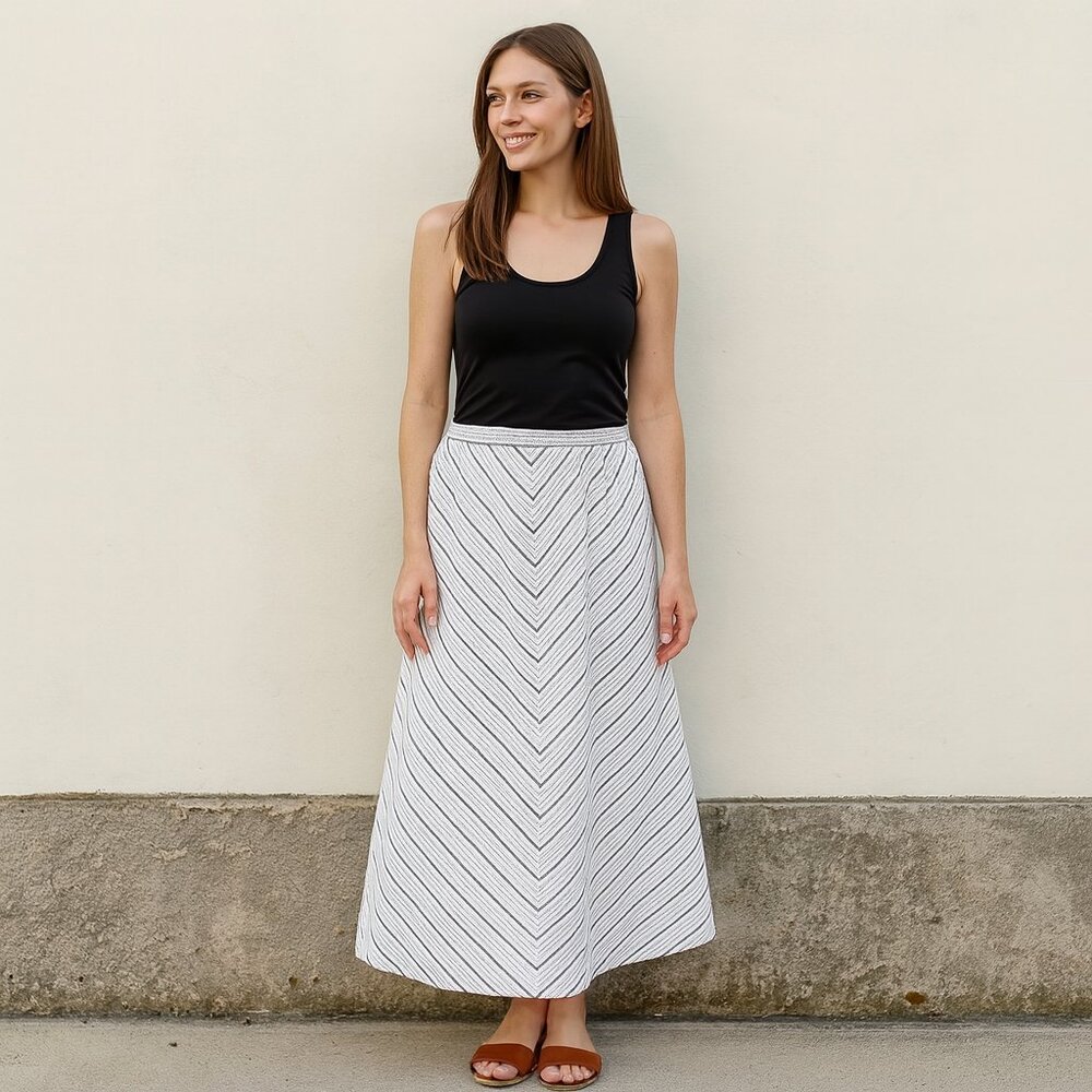 For Cynthia Blue White Linen Blend Striped Maxi Skirt Boho Beach Elastic Waist L